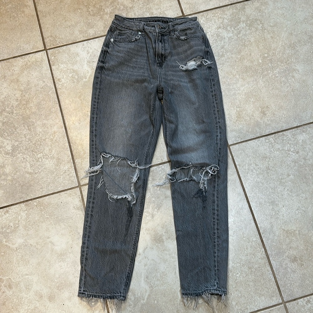American Eagle Gray Destroyed Mom Jeans 0